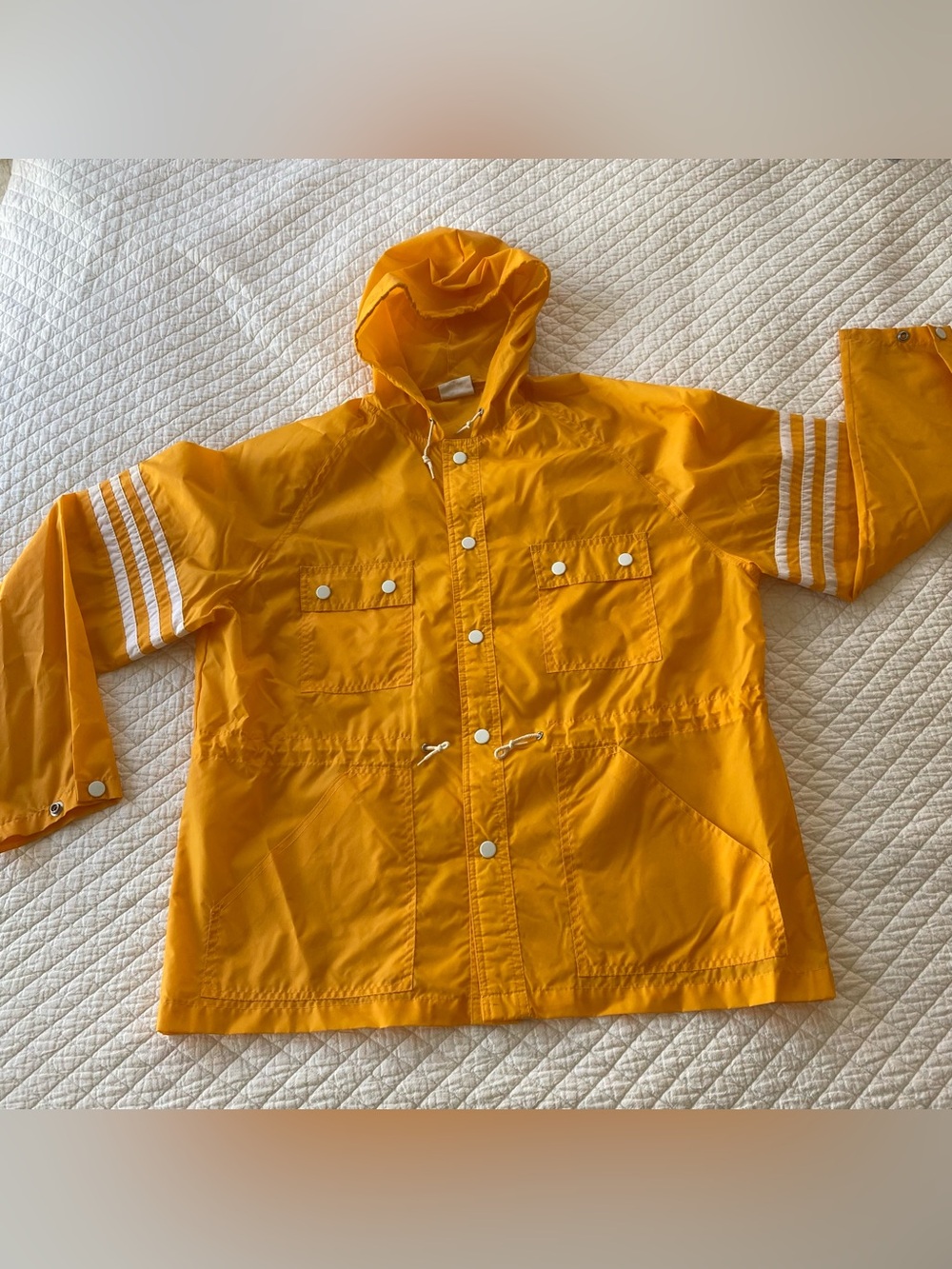 VTG Orange Retro Sporty Hooded Rain Jacket Windbreaker Racing Stripes Fisherman